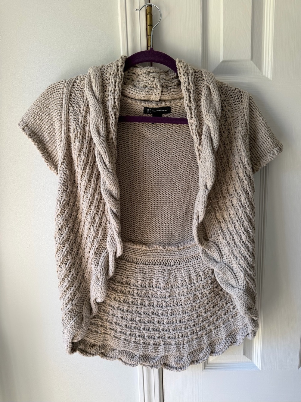 INC International Concepts Cream Cable-Front Short Sleeve Cardigan